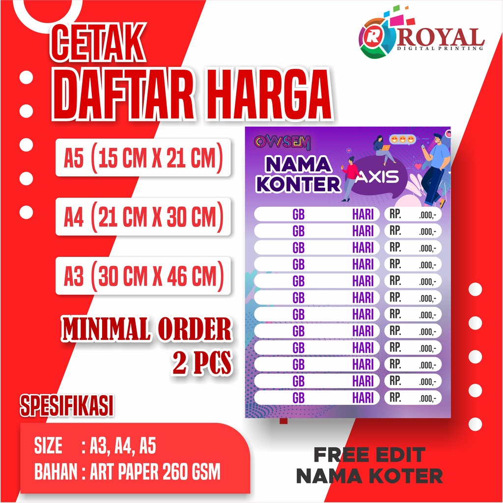 Poster Konter Daftar Harga Paket Data / poster paket data konter / Daftar Harga Murah Bisa Custom / 