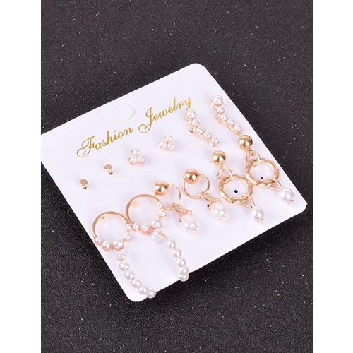 LRC Anting Set Fashion Pearl Geometric Circle Pearl Earrings Set V35410