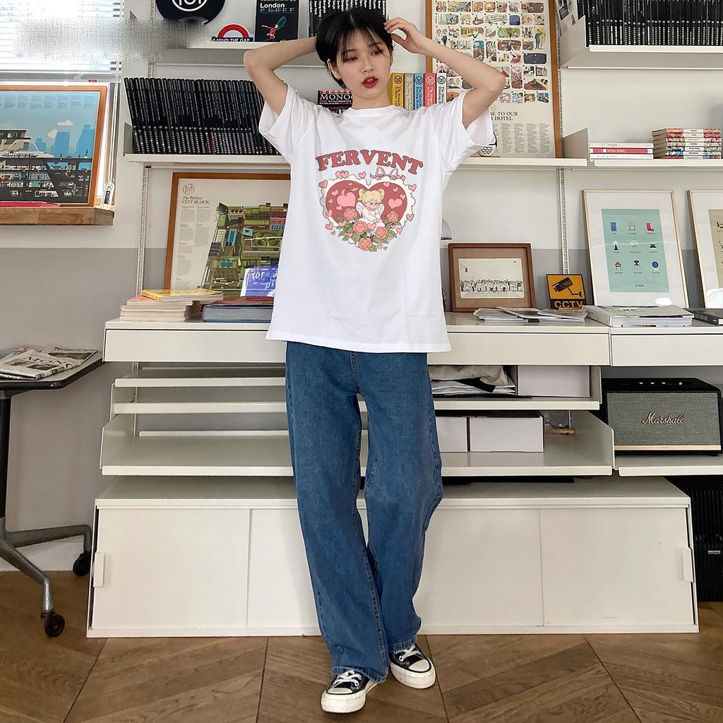 EUNII T-shirt Lengan Pendek Cinta Malaikat Kecil Pencetakan Longgar Korean Style/Kaos Atasan Wanita/Baju Kaus Oversize Wanita