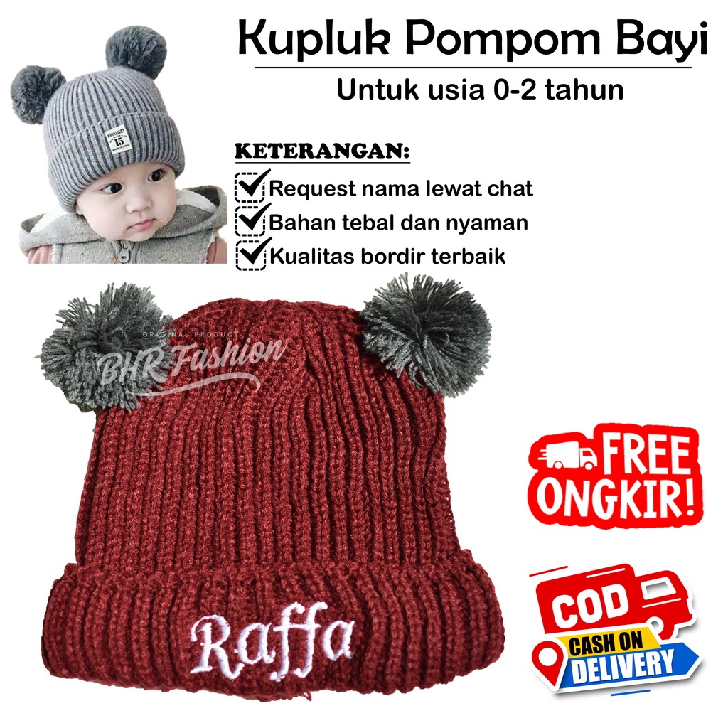 Kupluk Pom Pom Anak 1-3 Tahun Free Bordir Nama