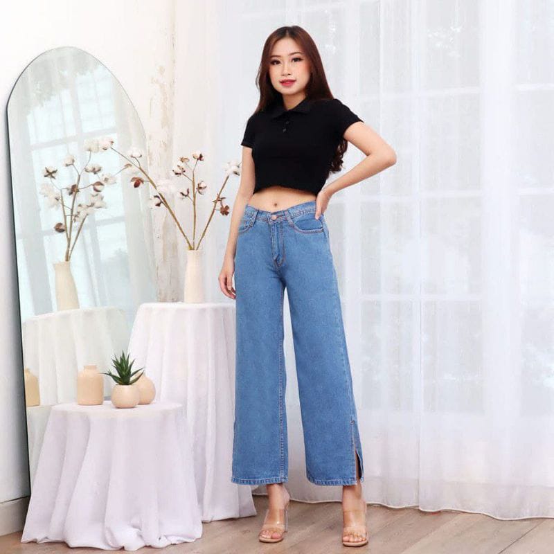 MAGCUN STORE - Celana Highwaist Jeans Wanita - Boyfriend Kulot Jeans Eonni - BF Kulot Eonni Kaki Belah