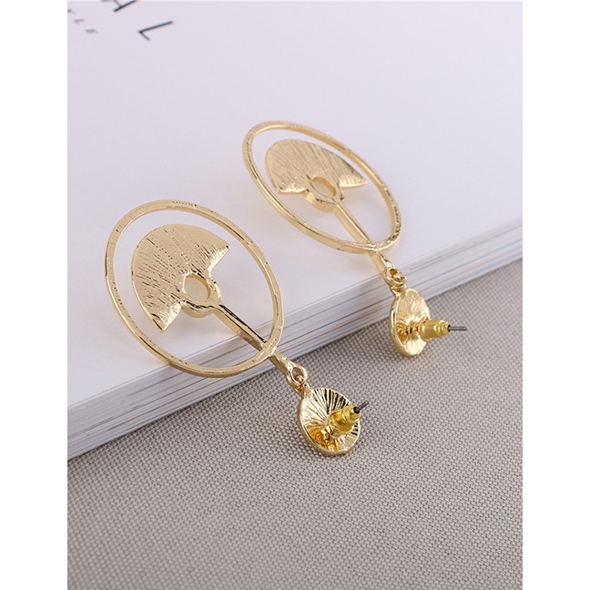 LRC Anting Tusuk Fashion Gold Pearl Geometric Metal Circle Cutout Fan Earrings F69846