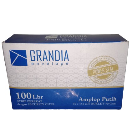 

Amplop Grandia Envelope 100 Lembar dengan perekat (95 x 152 mm) BUKLET 70 Gsm
