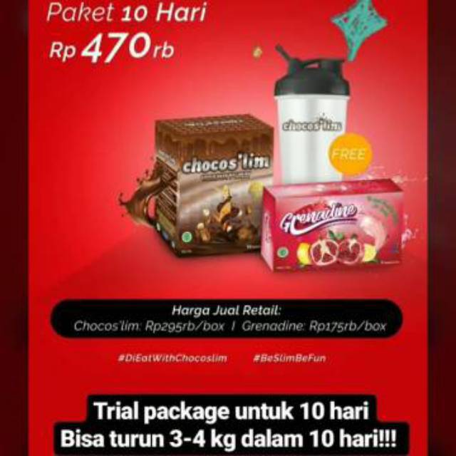 

Chocoslim Paket 10 hari 1 BOX Choco'slim+ 1 BOX Grenadine + Free tumbler