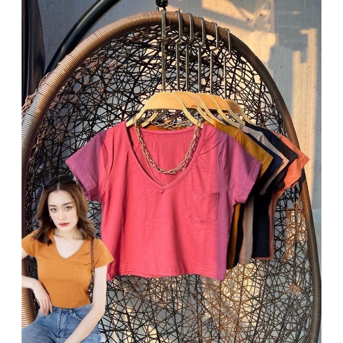 tshirt croptop pocket polos wanita | kaos crop vneck kantong samping | croptop vneck polos | korean fashion wanita | aquarius boutique89