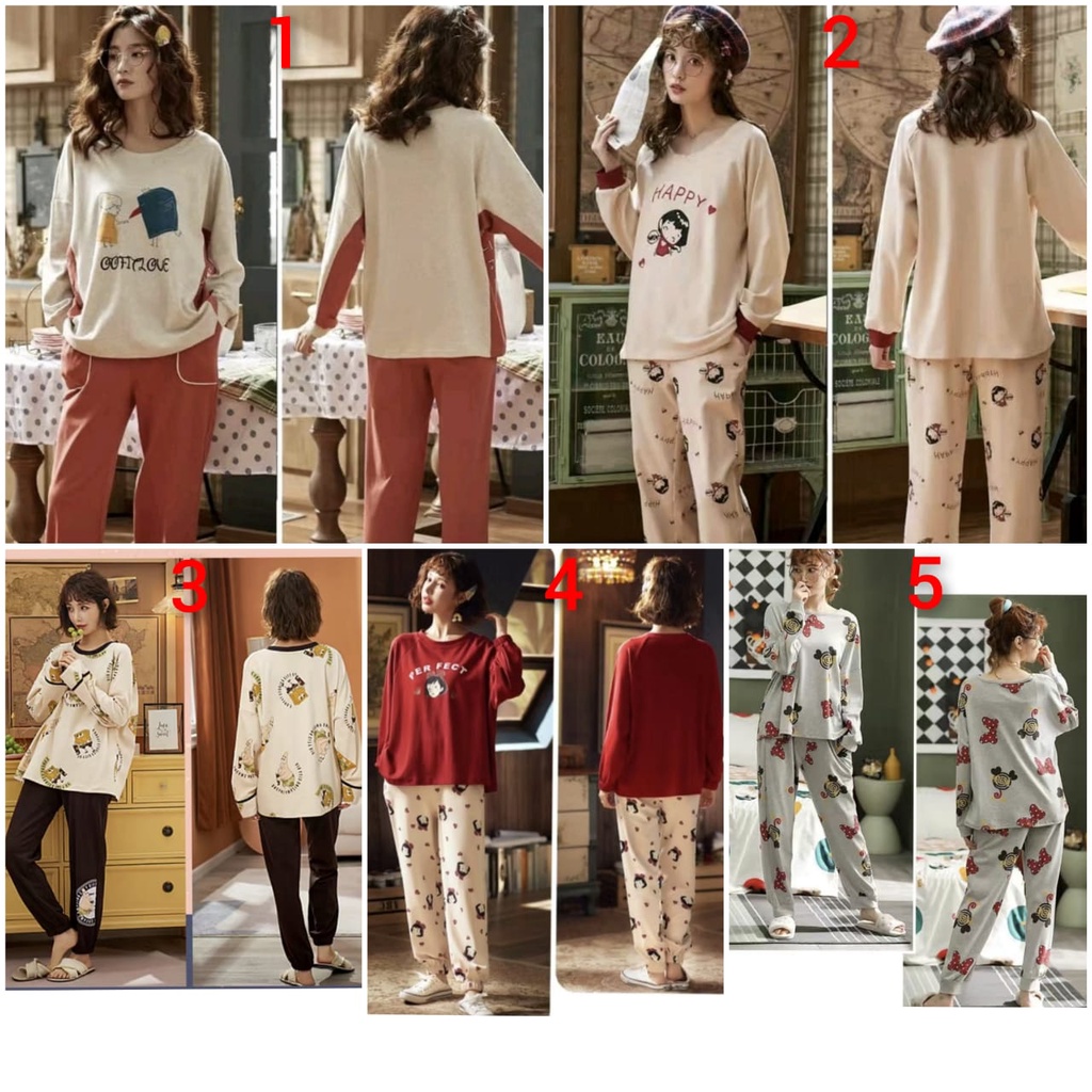 Baju tidur piyama lengan panjang celana panjang bahan kaos import