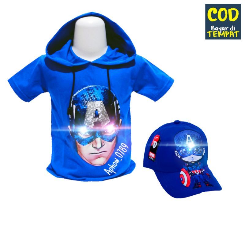 PAKET 2IN1 KAOS HOODIE CAPTAIN AMERIKA LED + TOPI ANAK LED USIA 1-10THN