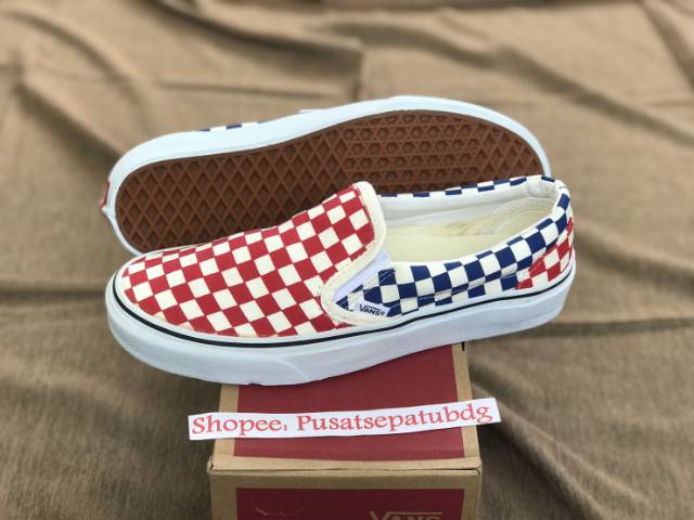 VANS SLIP ON PREMIUM CHECKERBOARD RED BLUE WAFFLE DT