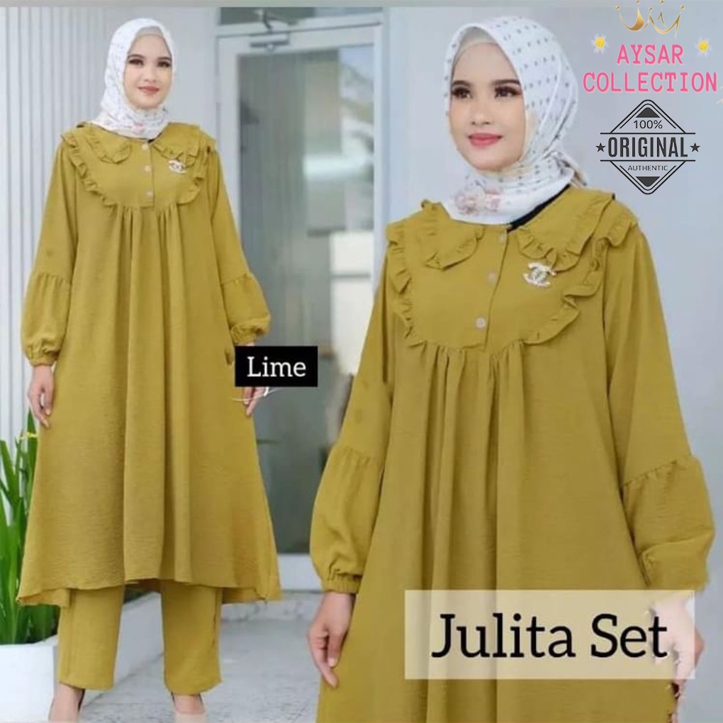 Julita Set Baju wanita setelan dewasa terbaru Pakaian muslim wanita kekinian 2022 Setelan Baju dan Celana jumbo Crinkle polos premium