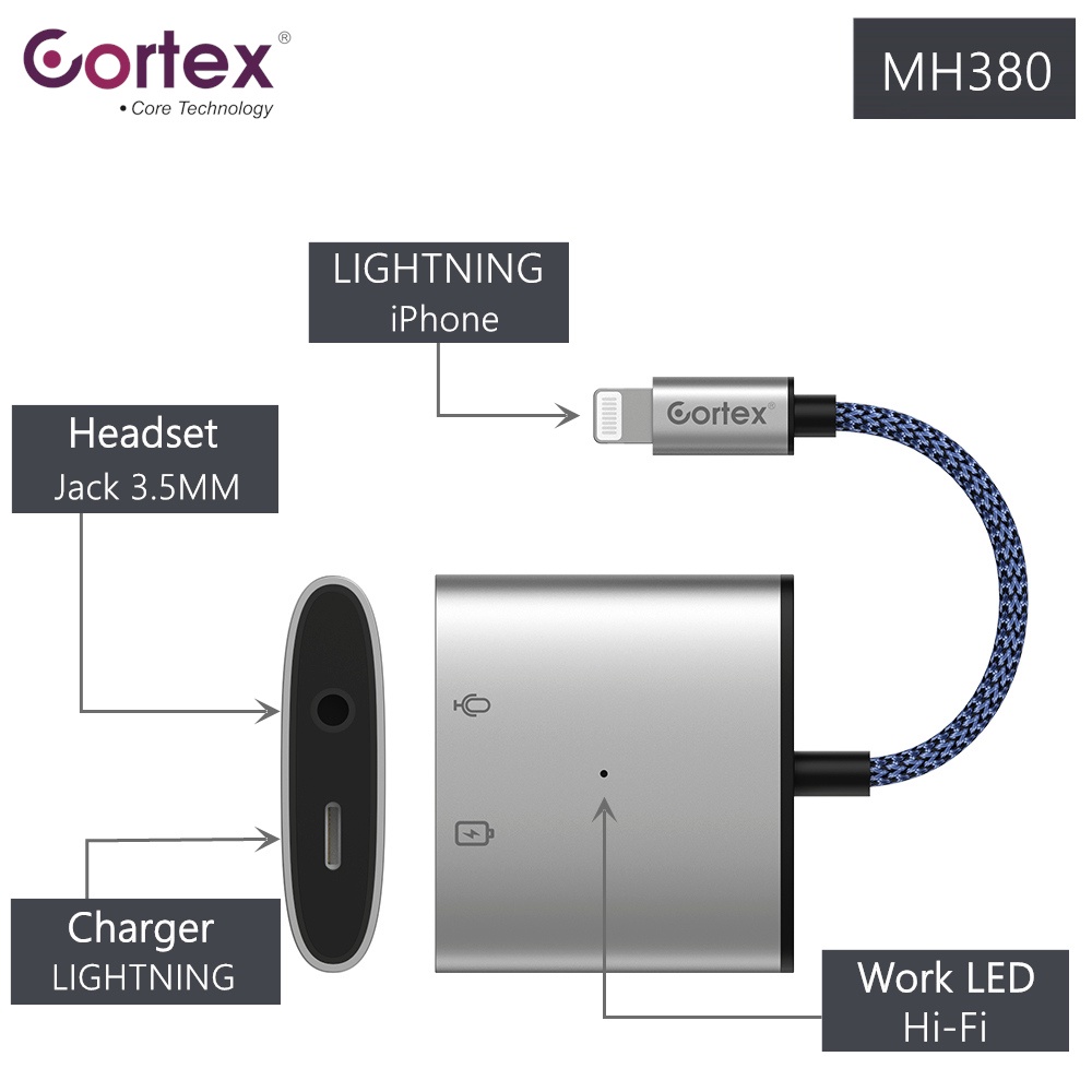 Cortex MH380 Splitter iPhon 2in1 Lightning to Jack 3.5 mm Converter Support PUBG Charge + Mic