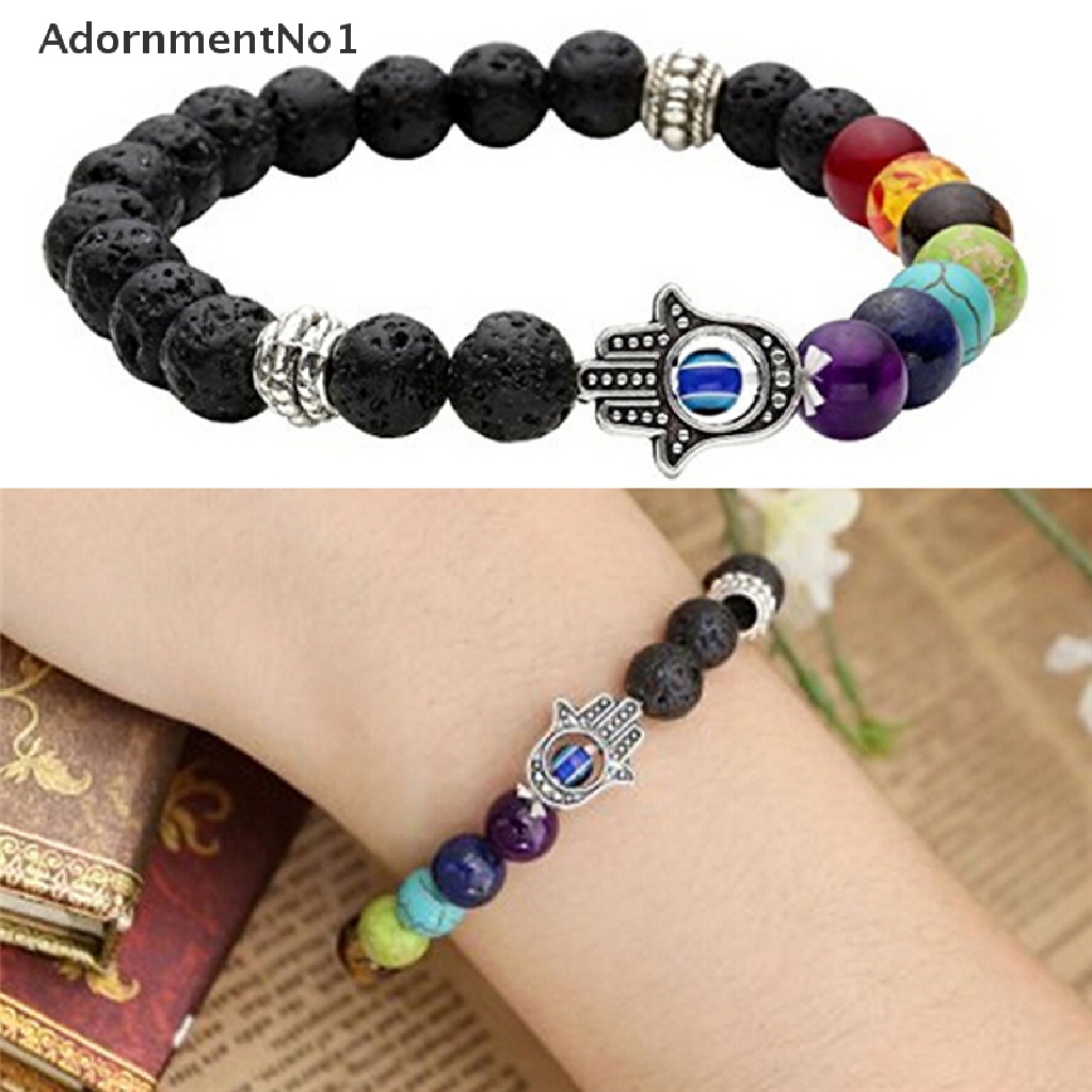 (AdornmentNo1) Gelang Tangan Batu Lava Aksen Tangan Hamsa + Kristal + Chakra Untuk Penyembuhan Reiki