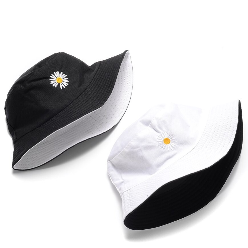 Topi Bucket dewasa Dua Sisi  Motif Bordir Bunga Daisy Bahan Drill premium / Bucket Bordir Bunga