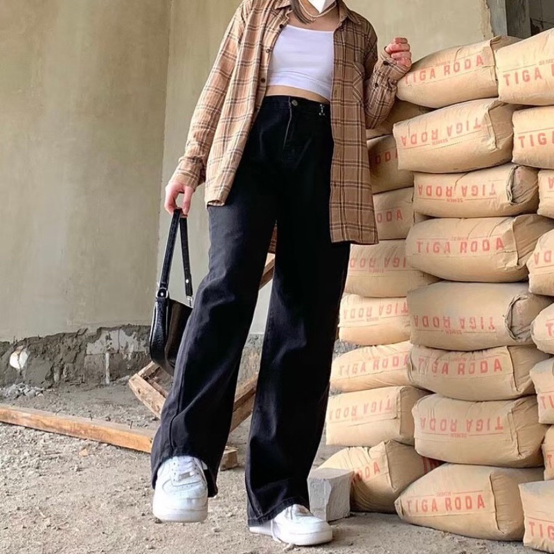 basic kulot jeans - celana panjang jeans hitam putih