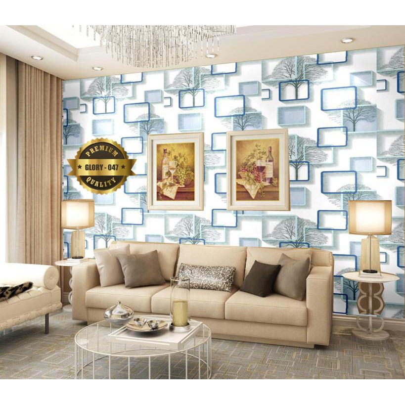 10M GLORY 047 Wallpaper Dinding / Wallpaper Stiker - Kotak Pohon 3D Biru Putih - Emiir Shop.