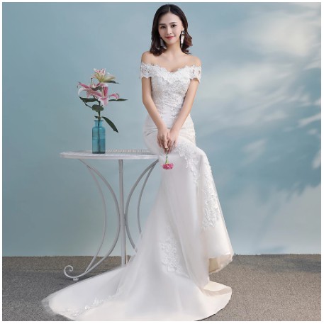 Gaun pengantin mermaid putih ekor wedding dress