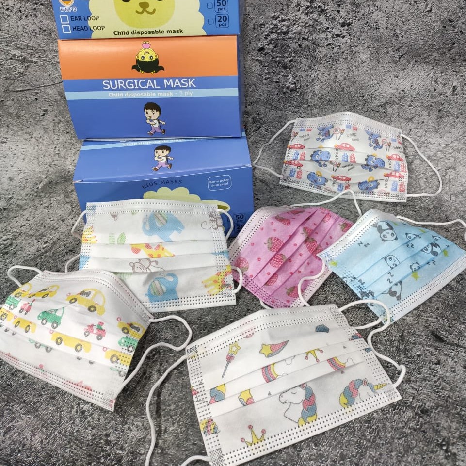 MASKER 3PLY ANAK MOTIF CHILD PINK SURGICAL BOX ISI 50PCS EARLOOP KIDS FACE MASK