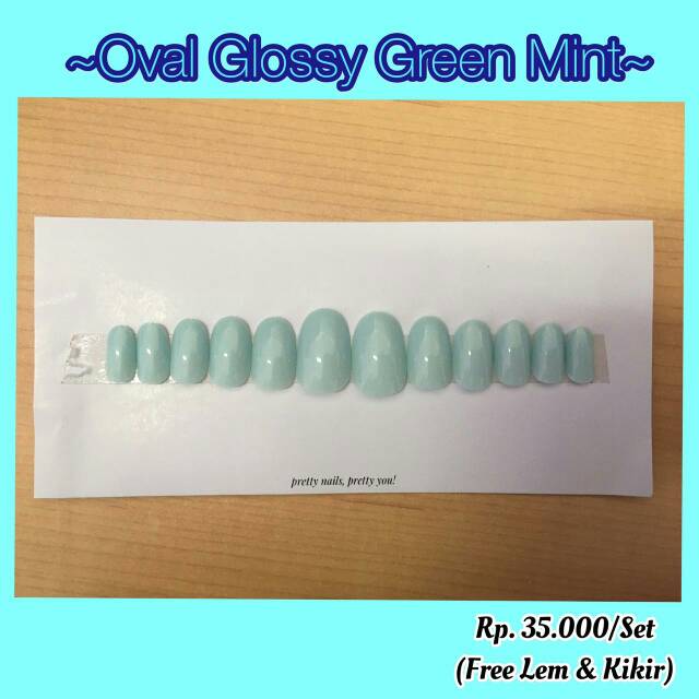 KUKU PALSU/FAKE NAIL (Bahan Keras tidak mudah patah, bisa dipakai berulang) - OVAL GLOSSY GREEN MINT