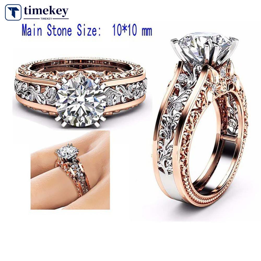 Timekey Cincin Nikah / Tunangan Rose Gold 14K Hias Kristal Berlian Putih Ukuran 5-11 Untuk Wanita A9K6