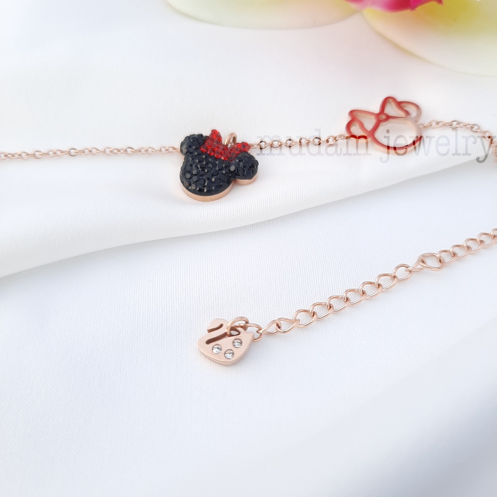 Gelang Rantai Titanium Minnie pita Merah