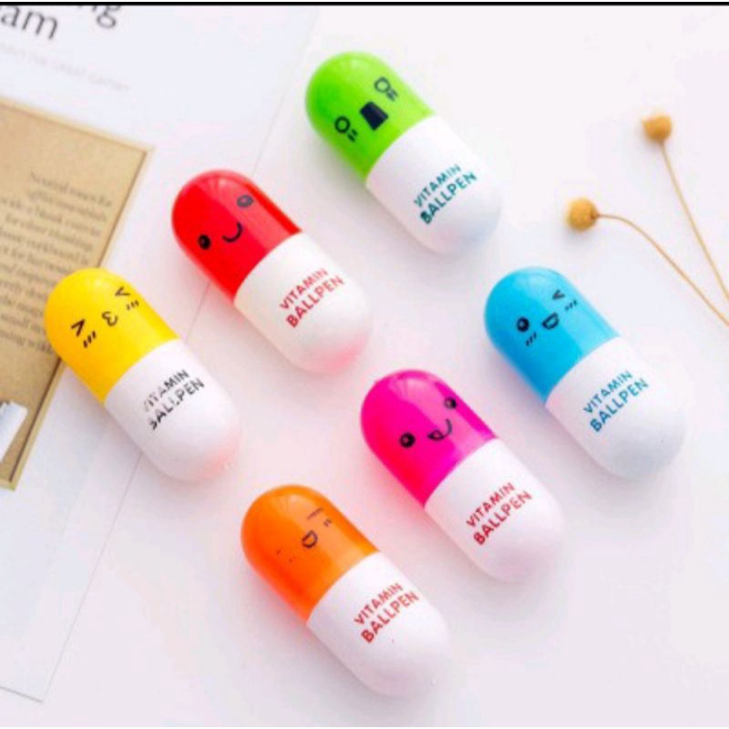 PULPEN KAPSUL VITAMIN PENA UNIK BALLPOINT EMOTICON OBAT LUCU-5