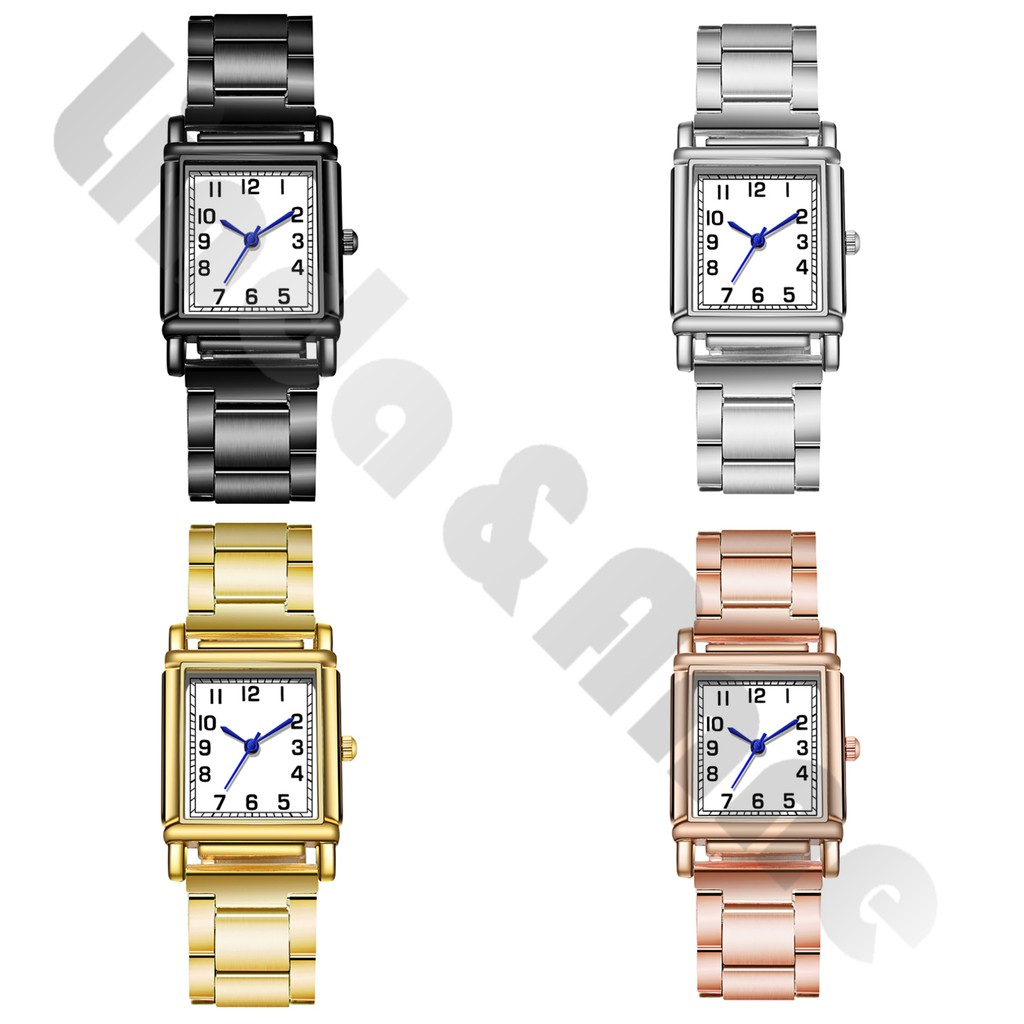 Jam Tangan Wanita Stainless Steel Dial Kotak Analog Quartz Desain Elegan Fashion Import