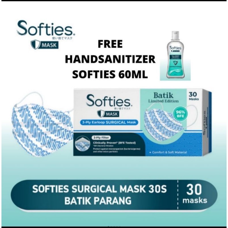 MASKER SURGICAL BATIK PARANG FREE HANDSANITIZER/MASKER SOFTIES BATIK ISI 30 PCS
