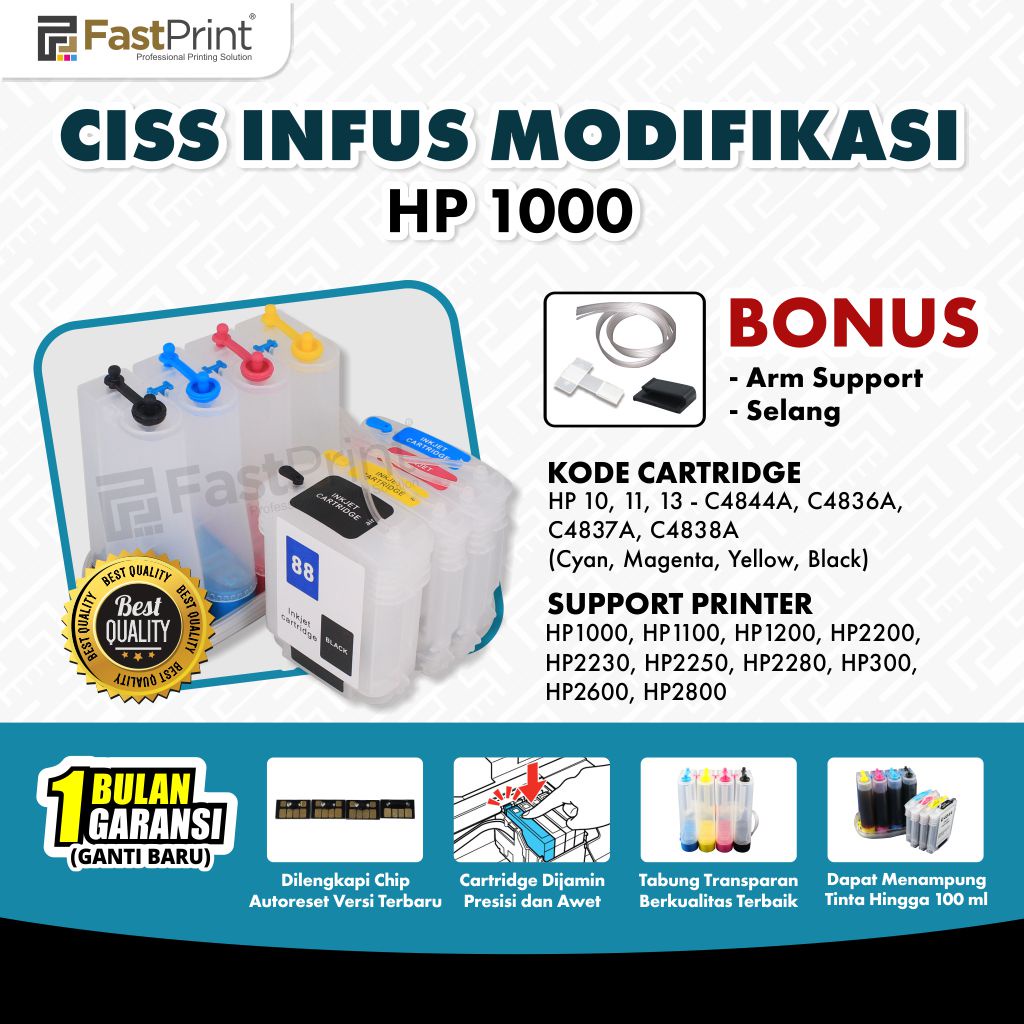 Fast Print CISS Infus Modifikasi HP Bussines Jet HP1000, HP1200, HP1100, HP2200, HP2230 Kosongan