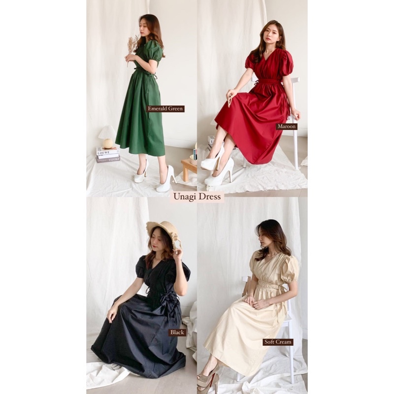 D0770 UNAGI KOREAN STYLE VINTAGE MIDI DRESS TALI POLOS NATAL