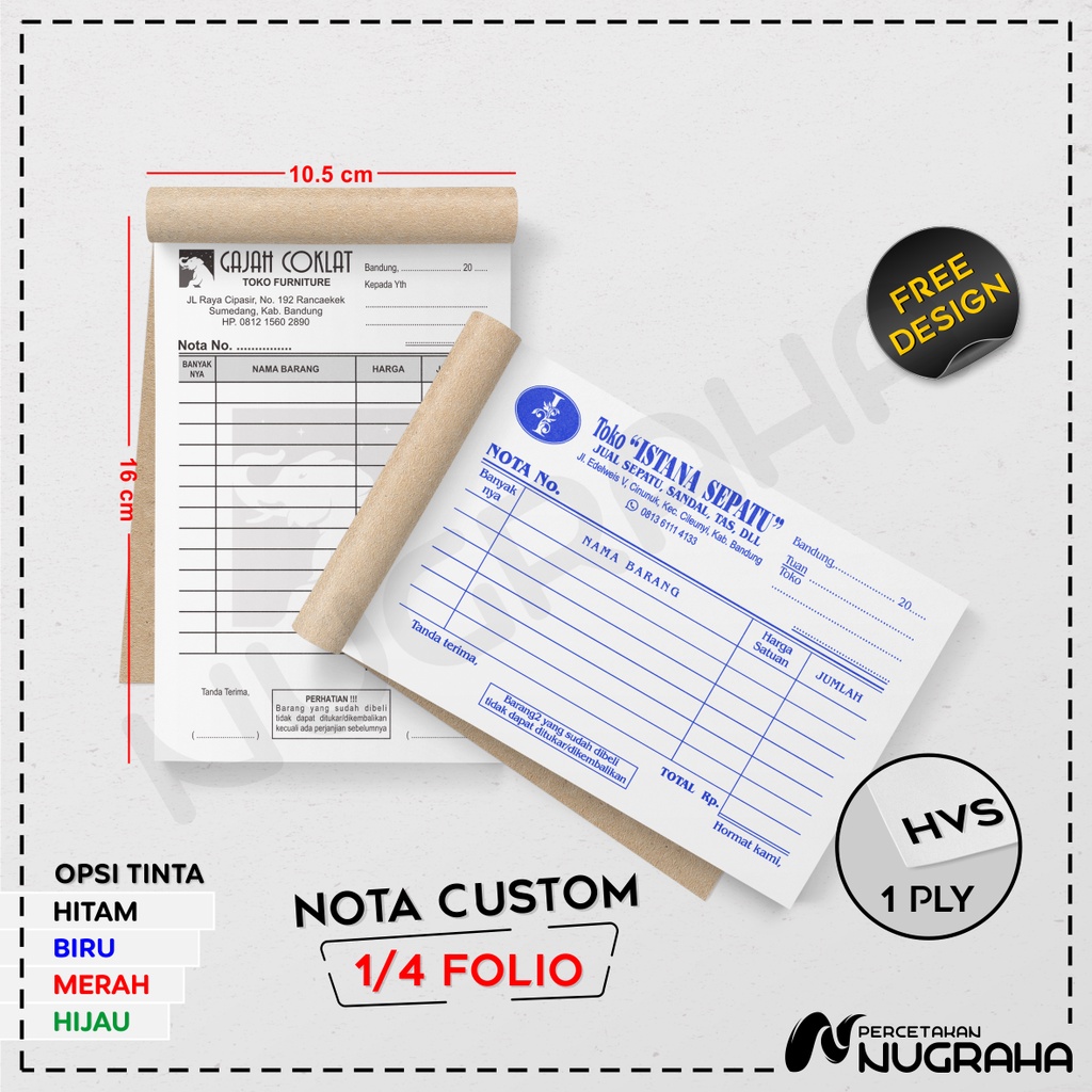 

NOTA CUSTOM 1/4 FOLIO 1 RANGKAP / BUKU NOTA KONTAN Isi 50 lembar