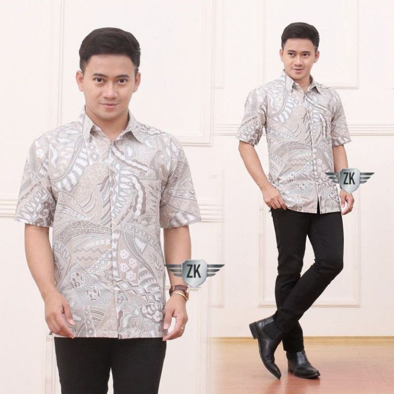 BATIK PRIA LENGAN PENDEK-HEM BATIK PRIA-HEM PENDEK CREAM-BATIK MODERN-BAJU BATIK PRIA