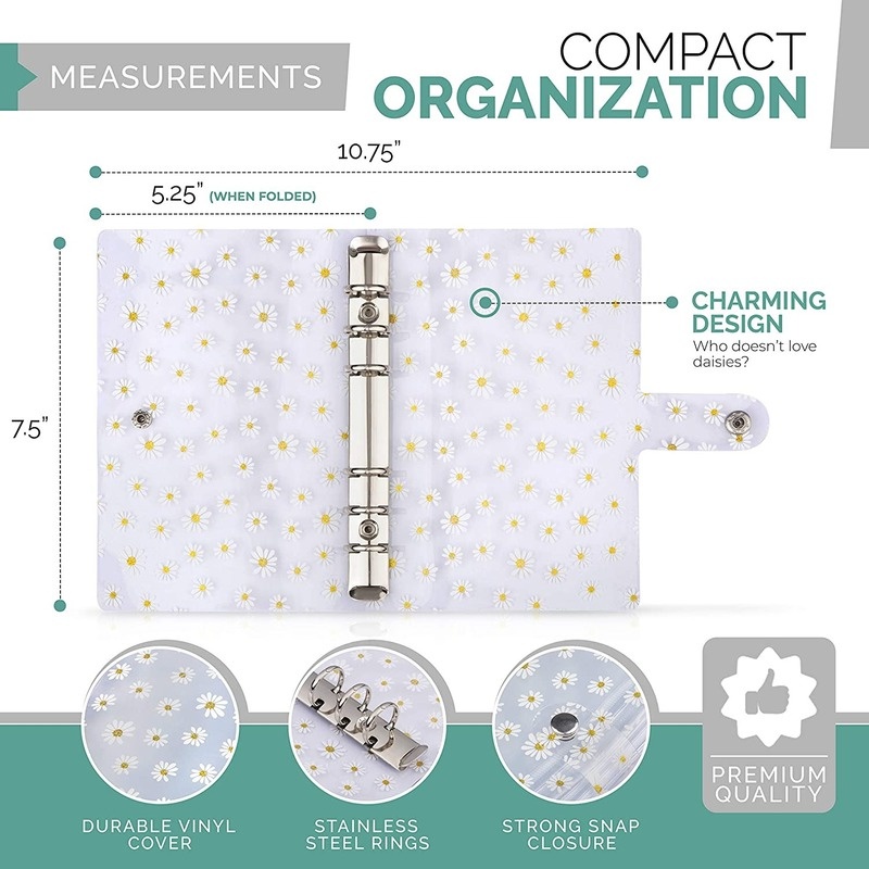 15 Pieces A6 Daisy PVC Binder Cover Budget Planner and 12 Clear Binder Pockets Organizer,Colored Labels for Budgeting