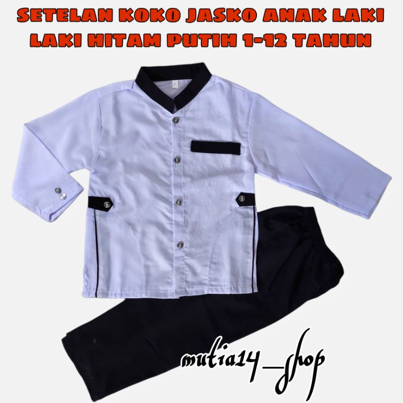 setelan koko jasko hitam putih anak laki laki lengan panjang / pakaian muslim anak laki model jasko 