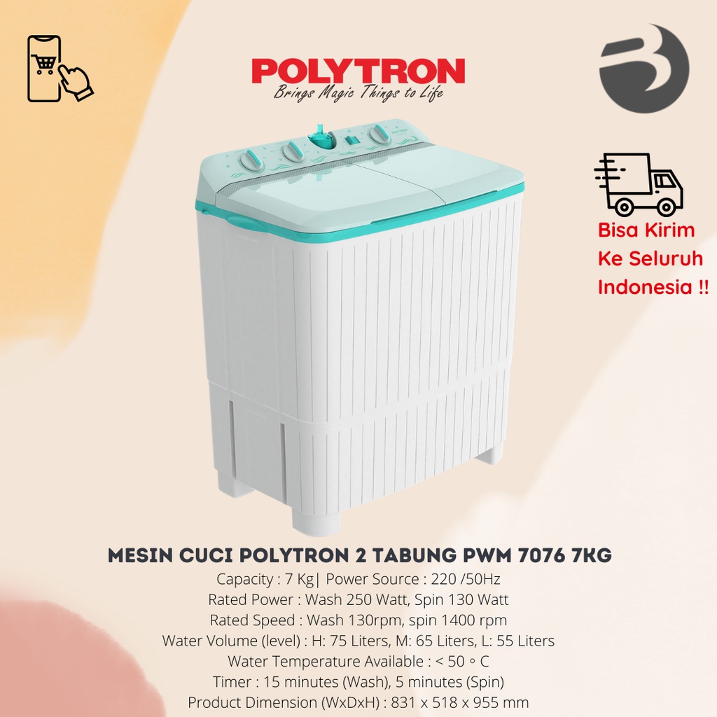 MESIN CUCI POLYTRON 2 TABUNG PWM 7076 7KG