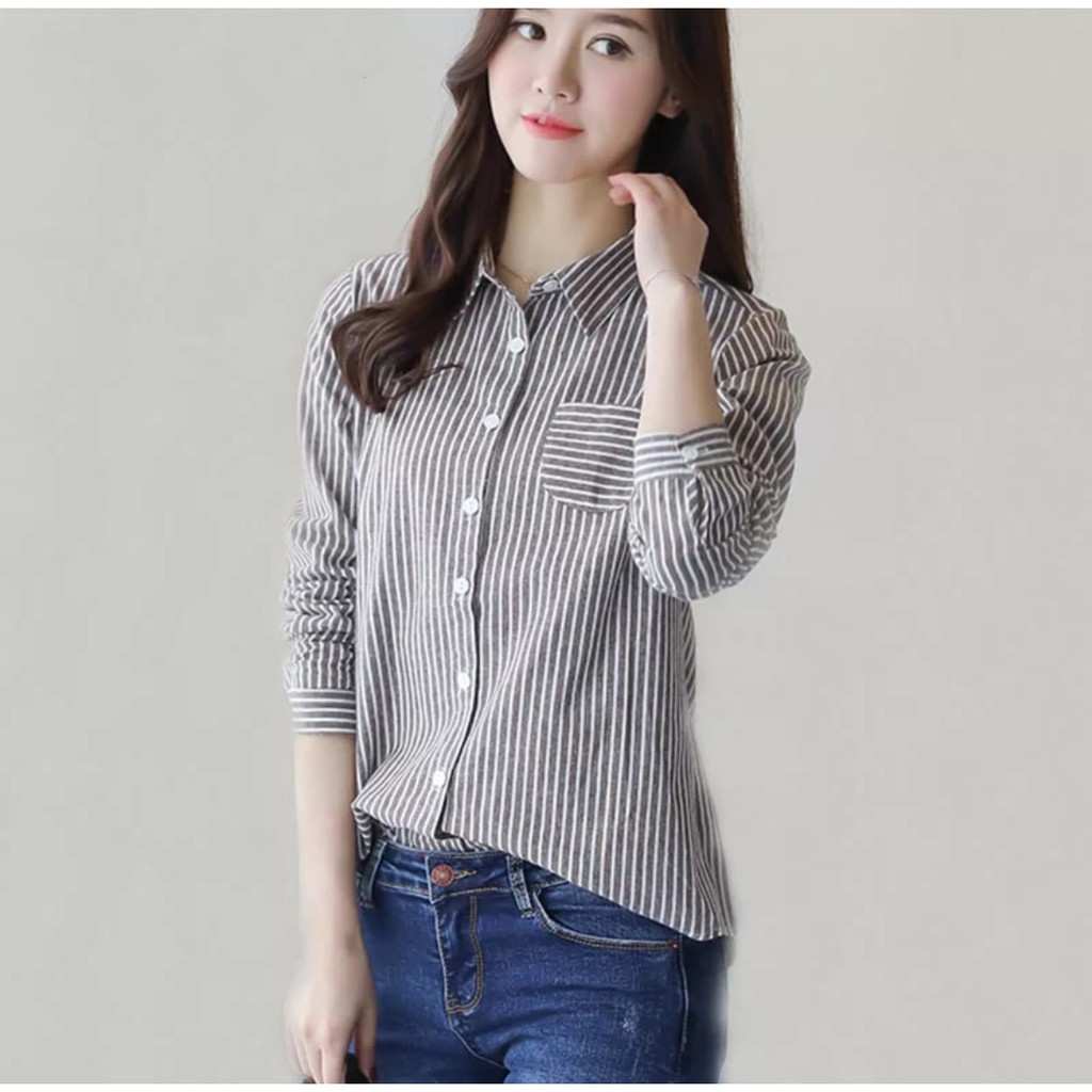 [Marisa stripe RO] Kemeja wanita katun varian warna