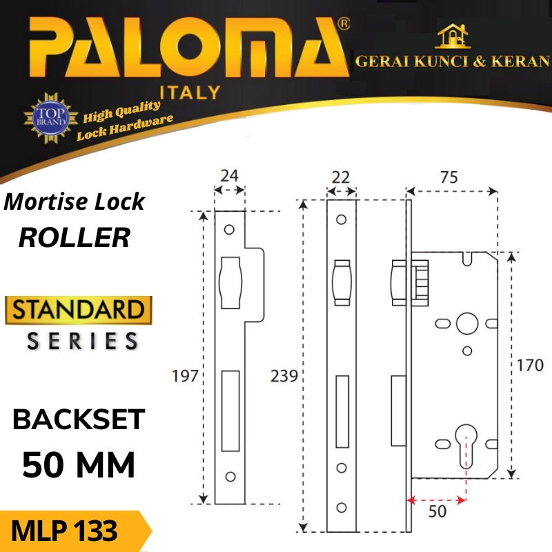 BODY KUNCI  PELOR PALOMA 50 MM MLP 133 RAB ANTIQUE MORTISE LOCK STANDARD ROLLER