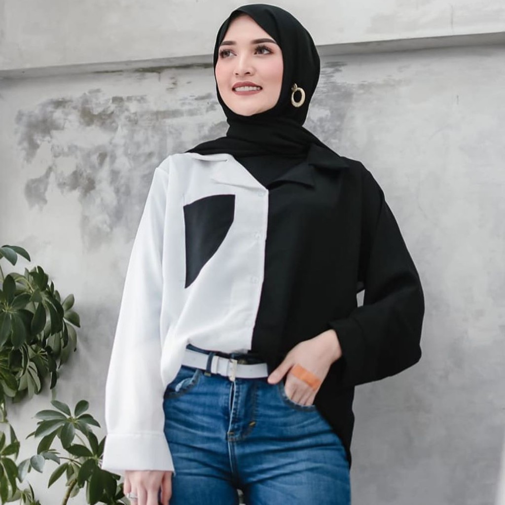 CUCI GUDANG!! Kemeja Wanita KEMEJA TWO TONE Kemeja Twotone Wanita Atasan Blouse  Kemeja Kombinasi Wanita Kemeja Warna Warni Kemeja Dua Warna Blouse Casual