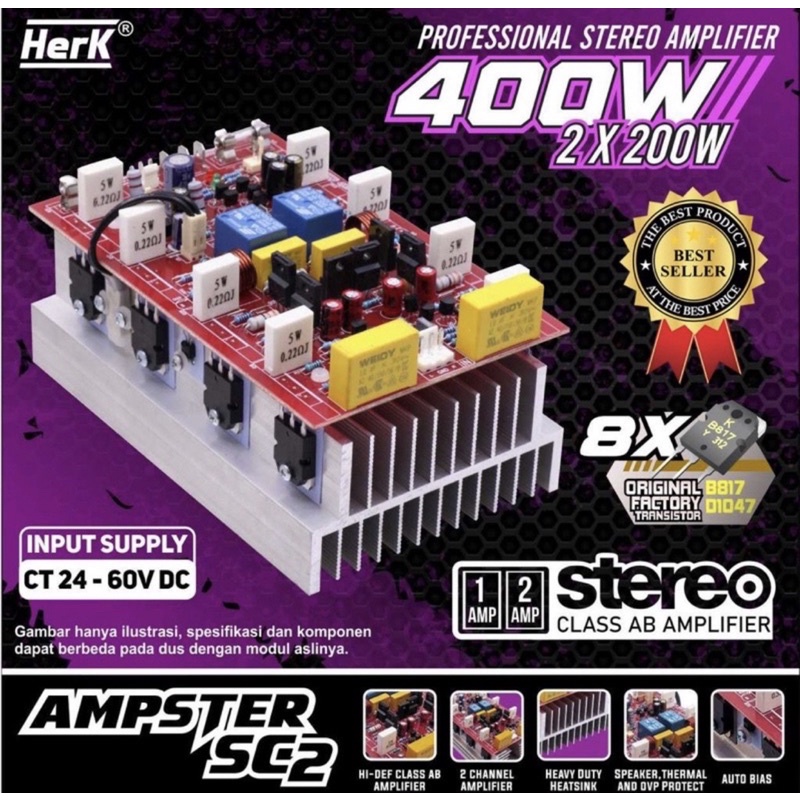 KIT POWER AMPLIFIER STEREO AKTIF AMPSTER SC2 SC-2 SC 2 2X200W 400WATT 400W HERK POWER AKTIF KIT AMPL