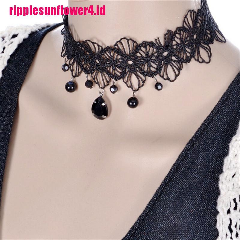 Kalung Choker Bahan Lace Motif Bunga Warna Hitam Gaya Gothic Retro