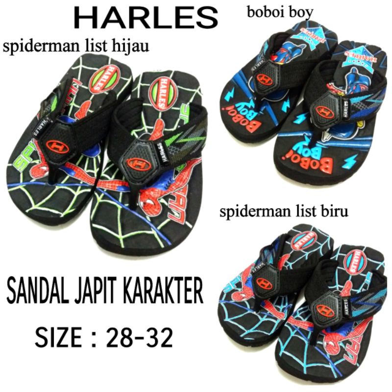 TERBARU SANDAL JEPIT ANAK MURAH HARLES SIZE 23-28 MOTIF SPIDERMAN TAYO BOBOBOI