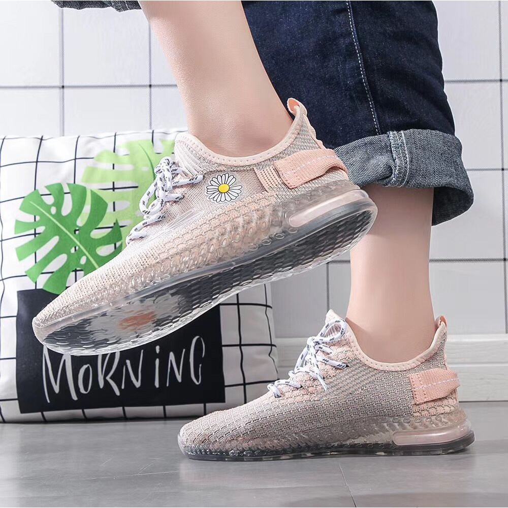 Sneakers Wanita Tali Sepatu Wanita impor lembut Tahan aus Non-slip Sol transparan Kain mesh bernapas-Pink
