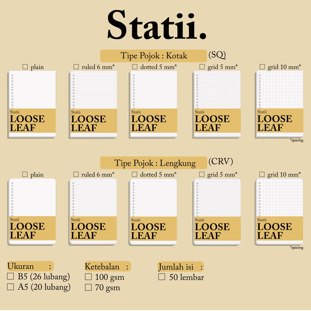 

B5 Statii Loose Leaf Isi Binder 50lembar 100gsm 70gsm