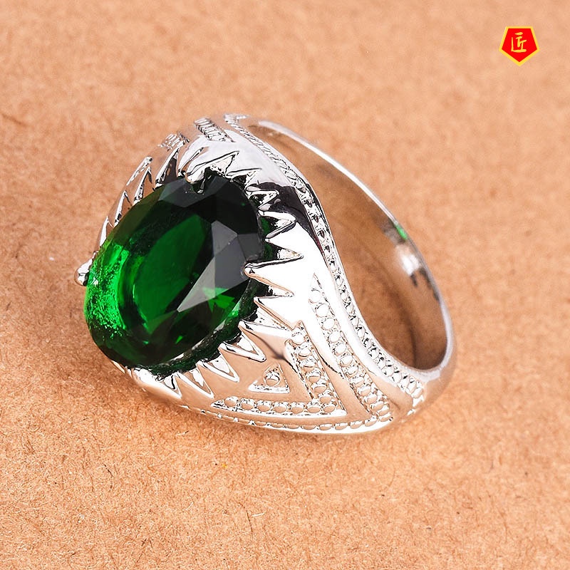 [Ready Stock][Ready Stock]Green Gemstone Ring Retro Silver Fashion Personality