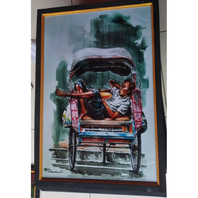 Lukisan murah poster murah hiasan dinding gambar  tukang becak plus bingkai ukuran 65×45