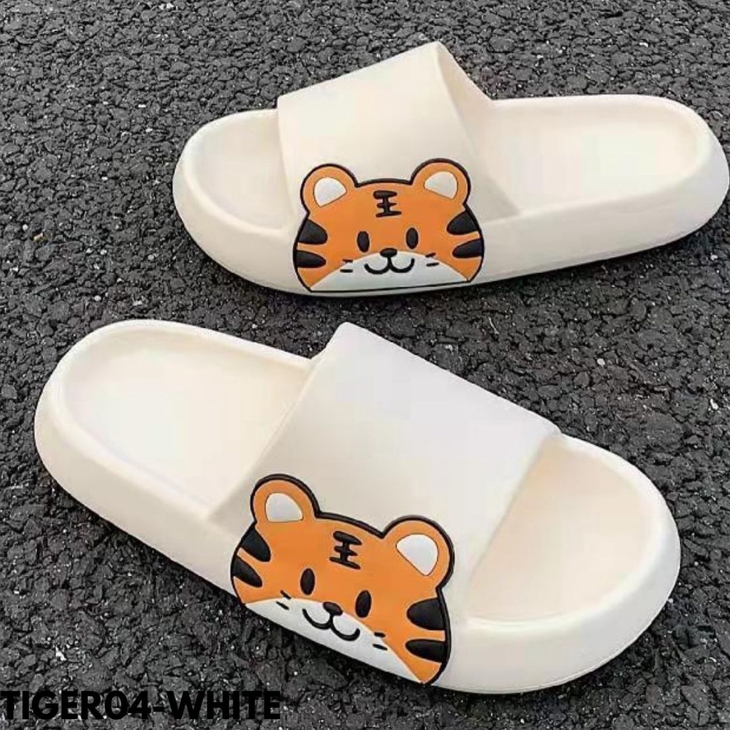 SLIDES SANDAL RUMAHAN UNISEX GROSIR KARTUN HARIMAU UNIK LUCU HITAM PUTIH EMPUK NYAMAN RUBBER KARET ELASTIS SUPER COMFY TIGER04