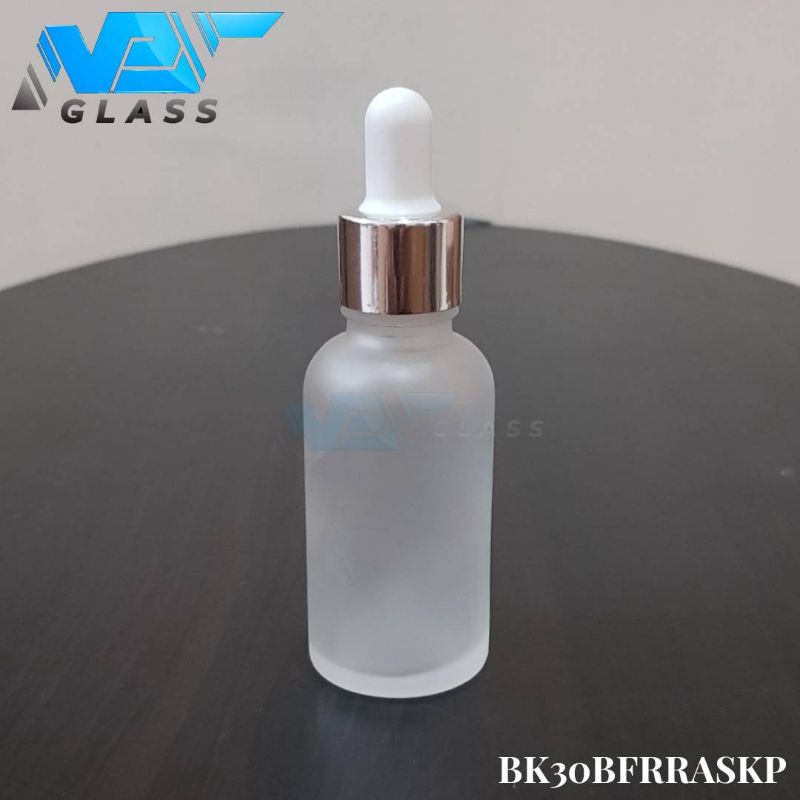 botol kaca pipet 30ml bening frosted doff - ring almunium silver