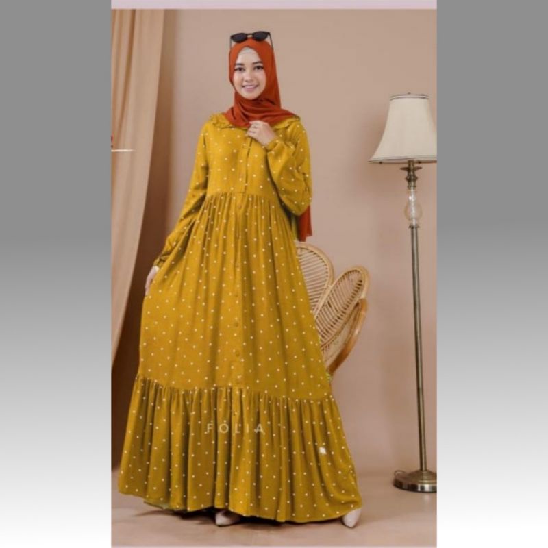 gamis rempel susun gamis motif polka folia gamis wanita resleting depan gamis terbaru