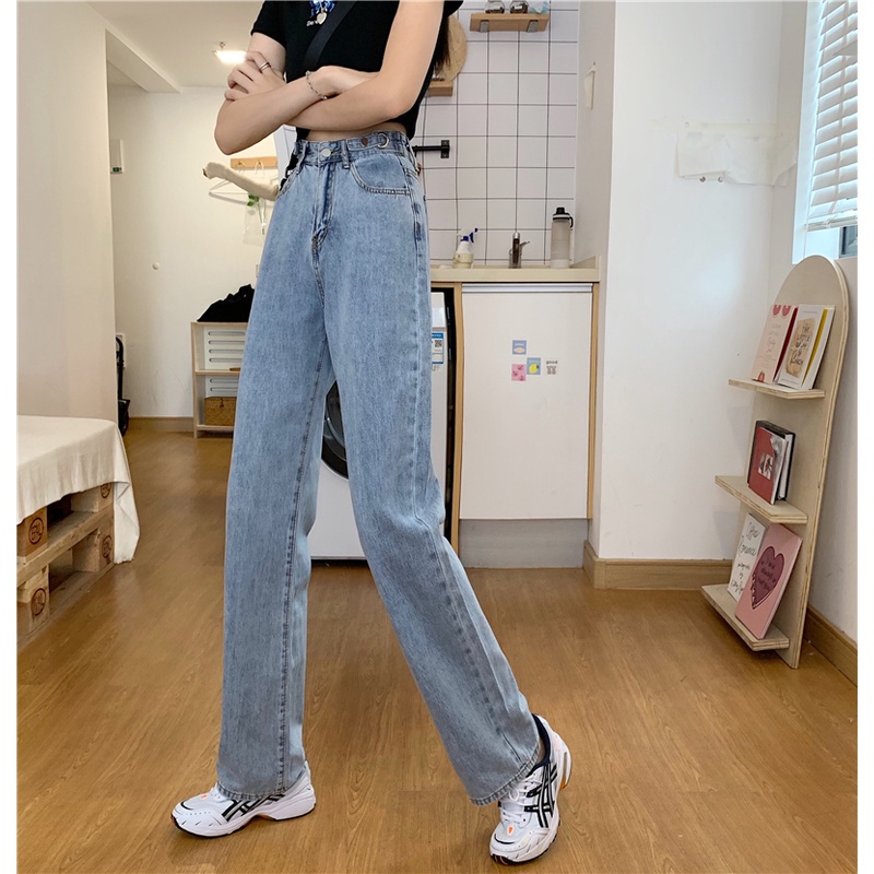 Perempuan Korea Fashion Lurus longgar Kasual lebar Leg Jeans