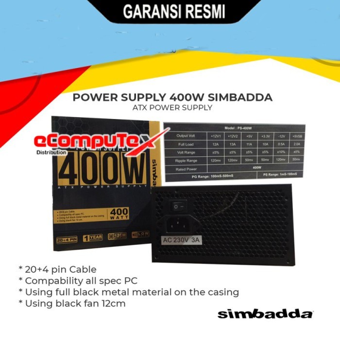 POWER SUPPLY SIMBADDA 400W / PSU PC KOMPUTER 400 WATT - GARANSI RESMI