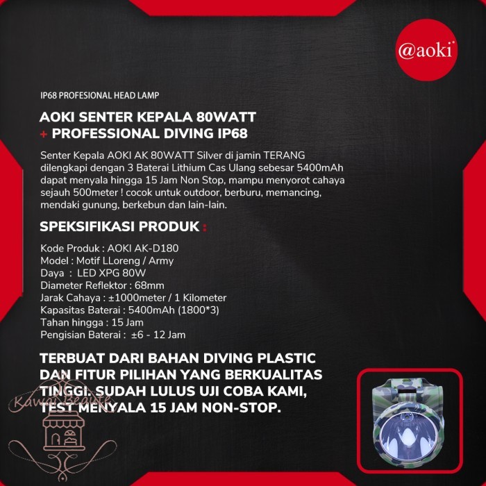 AOKI Senter Kepala Premium Professional Diving Selam Army Loreng 80W