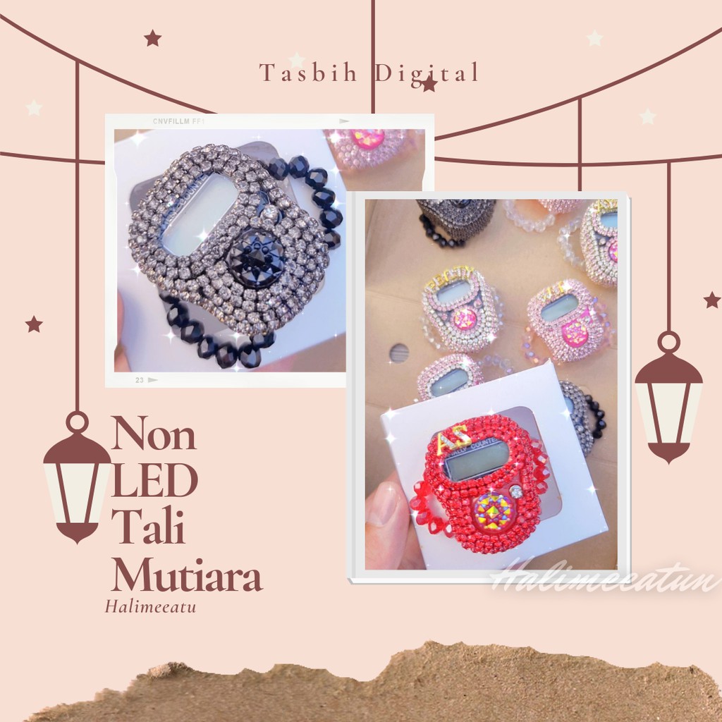 Tasbih Digital Swarovski non LED Custom Nama Tali Mutiara Hias Blink